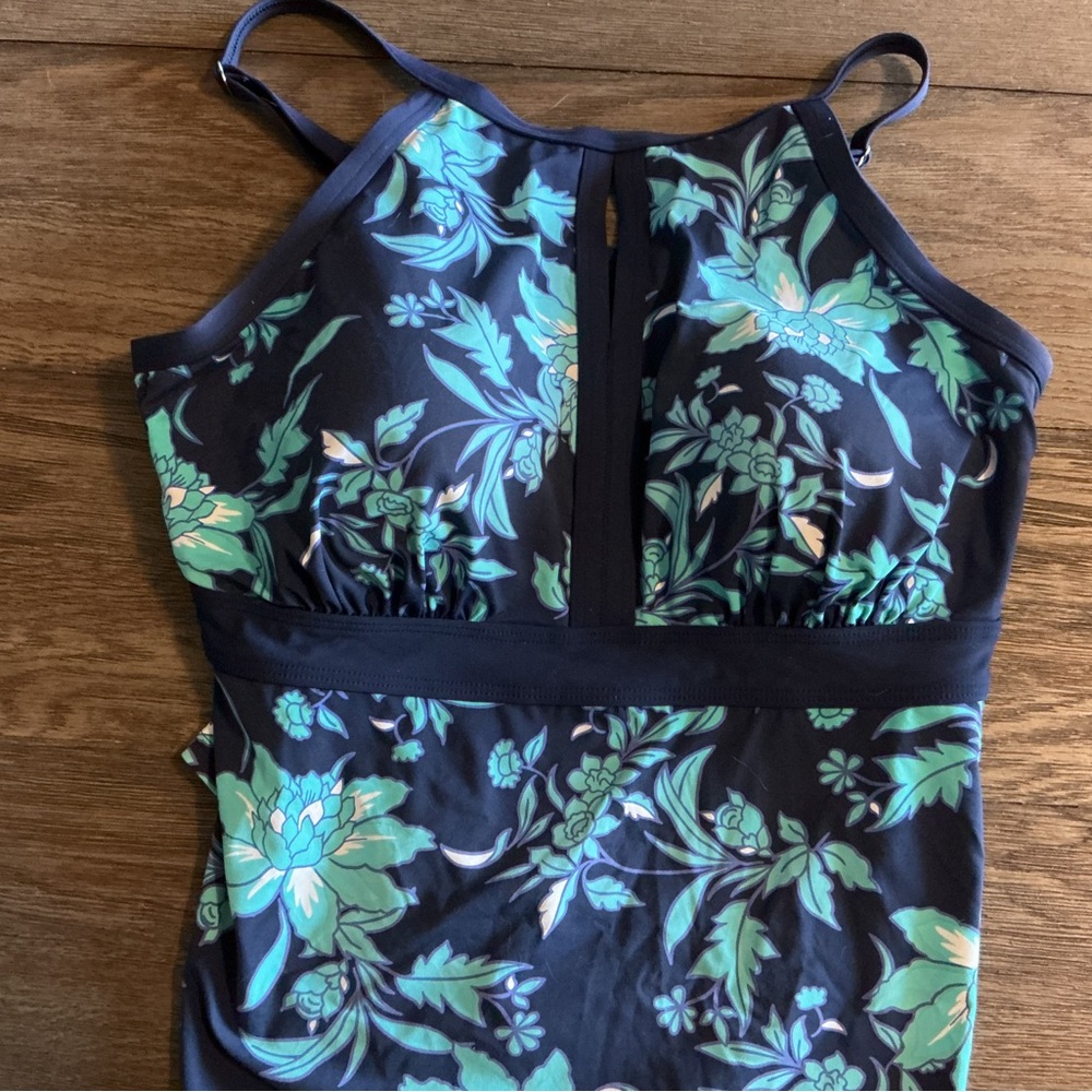 Lands' End Navy Floral Tank Swim Top with Teal & Light Blue Flowers